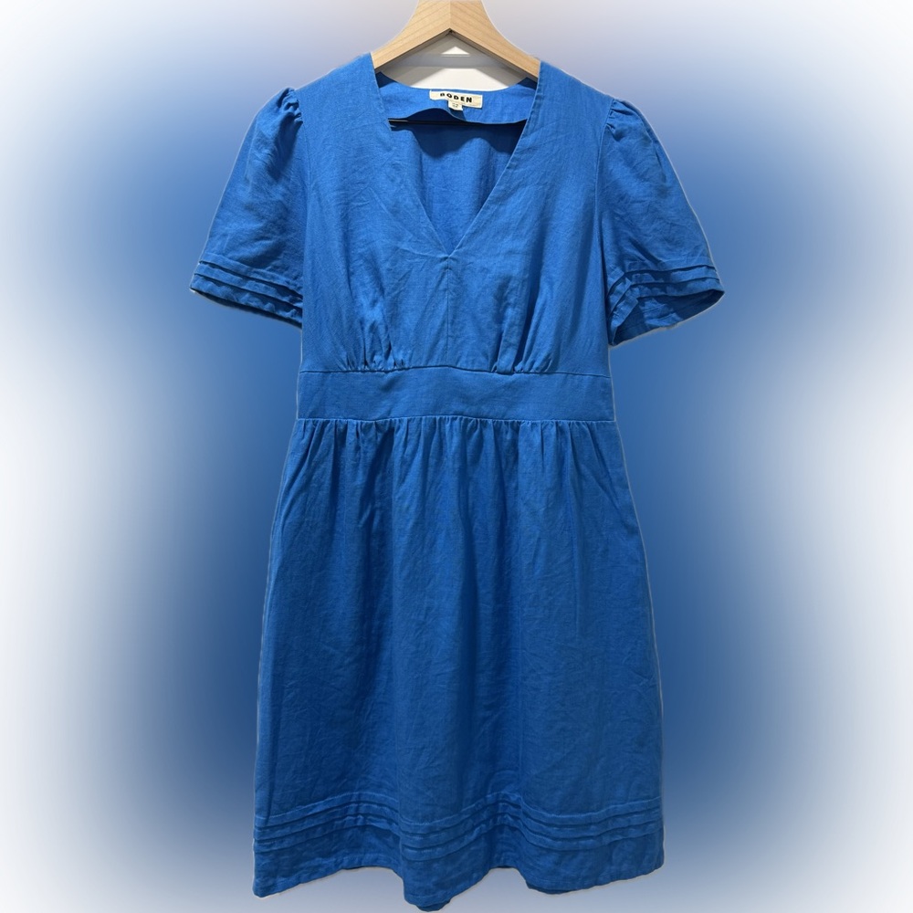 Boden 100% Linen Blue V-Neck Puff Sleeve Dress US 8R
